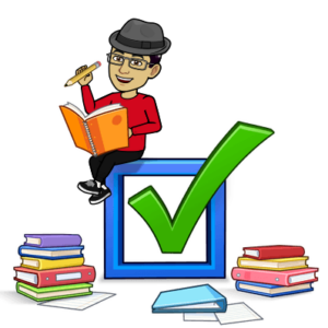 Dr. Goller bitmoji sitting on checkbox with green check and blue box. Books are piled around the check box and Dr. Goller is reading an orange book and holding a pencil. 