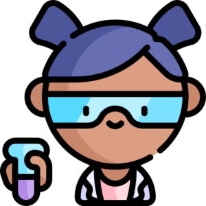 Female scientist wearing eye protection and lab coat and holding test tube.