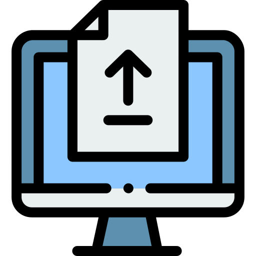 Illustration of computer with document and upload symbol